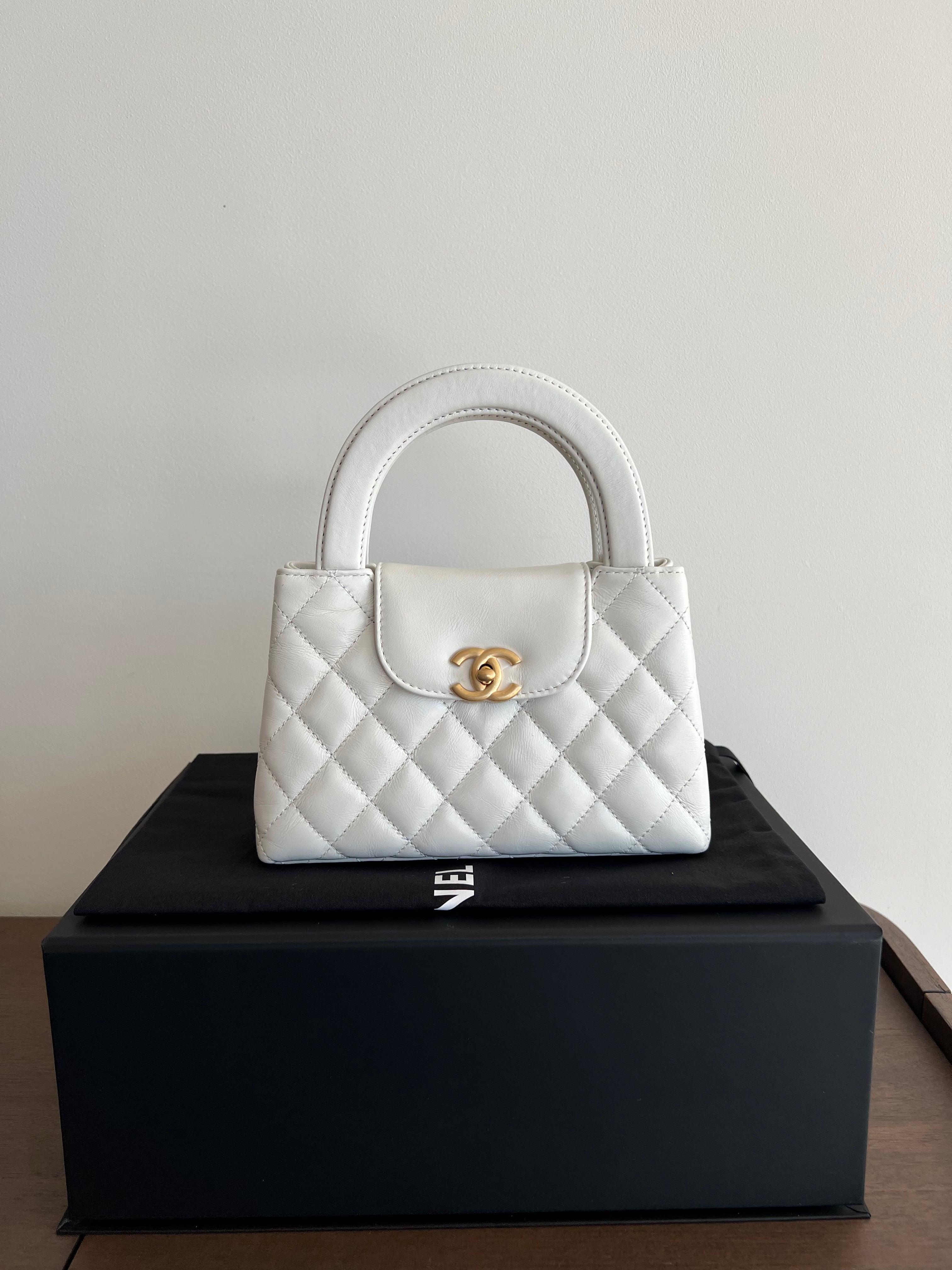 Chanel Kelly Shopping Bag Shiny Aged Calfskin & Gold Hardware White (Mini)