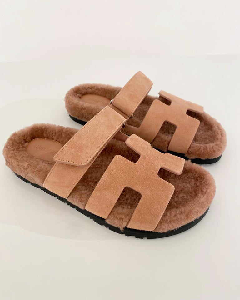 Hermès Chypre Shearling Sandals (Rose Aube)