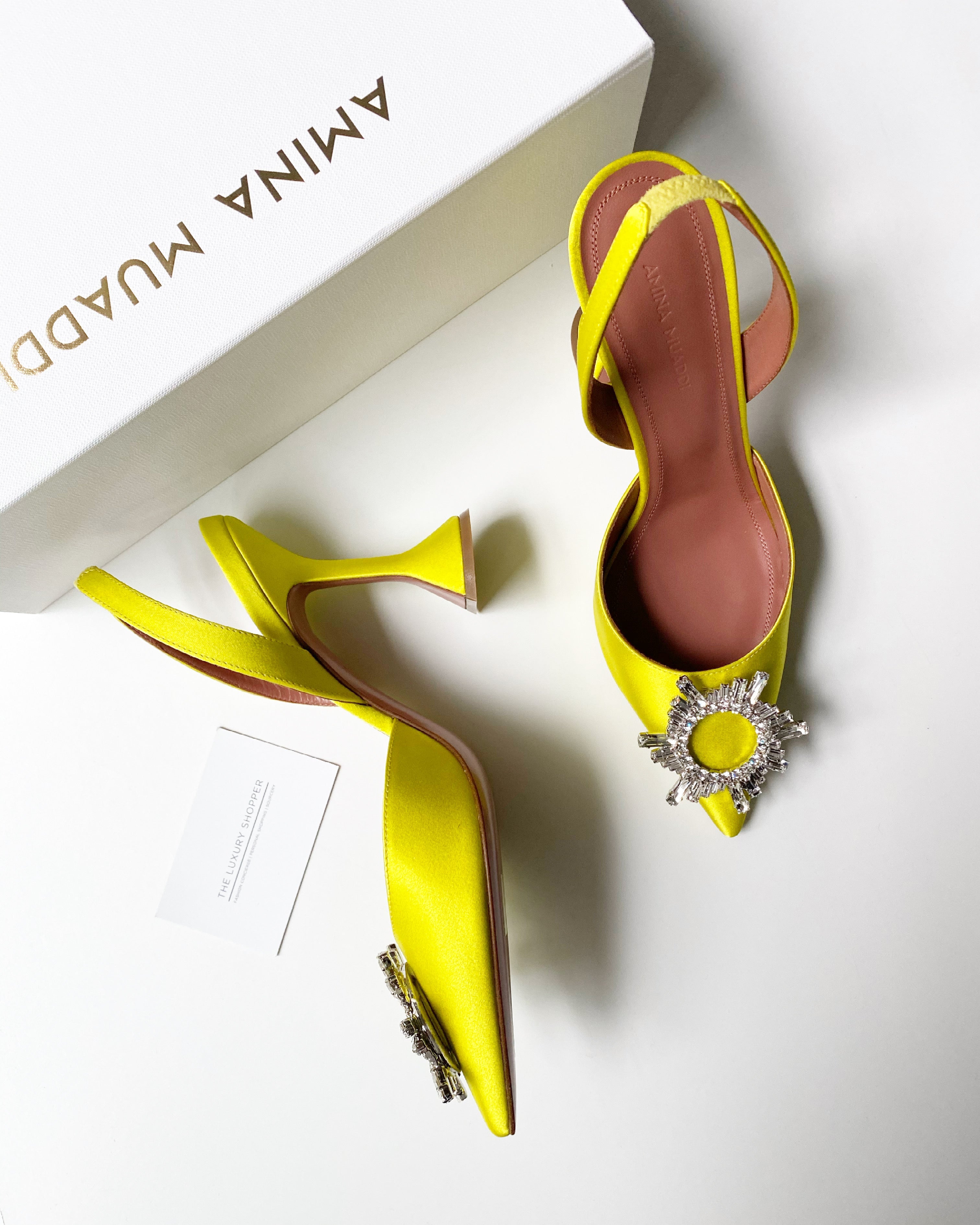 Amina Muaddi Begum Crystal Satin Yellow Slingback Pumps