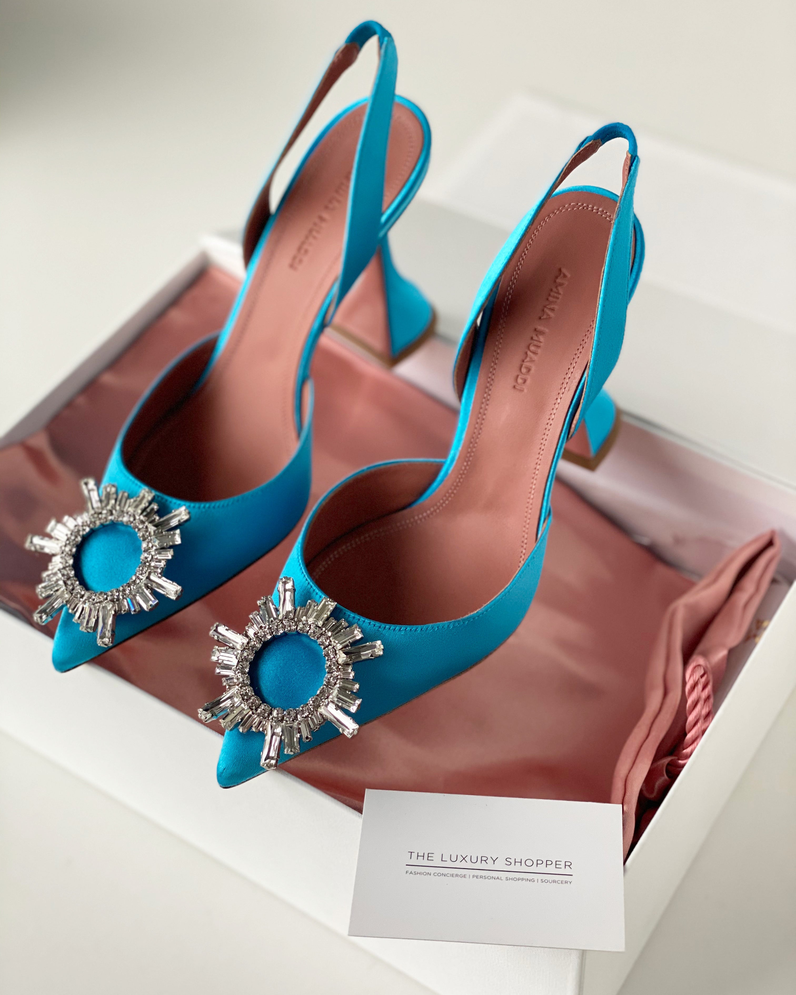 Amina Muaddi Begum Satin Slingback Pumps Light Blue