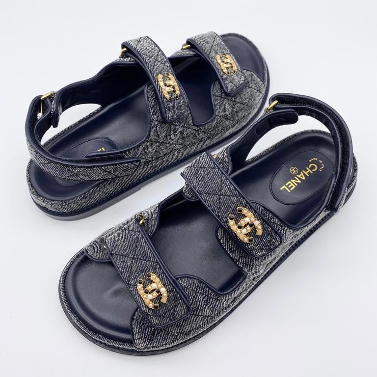 Chanel Velvet CC 'Dad' Sandals Grey