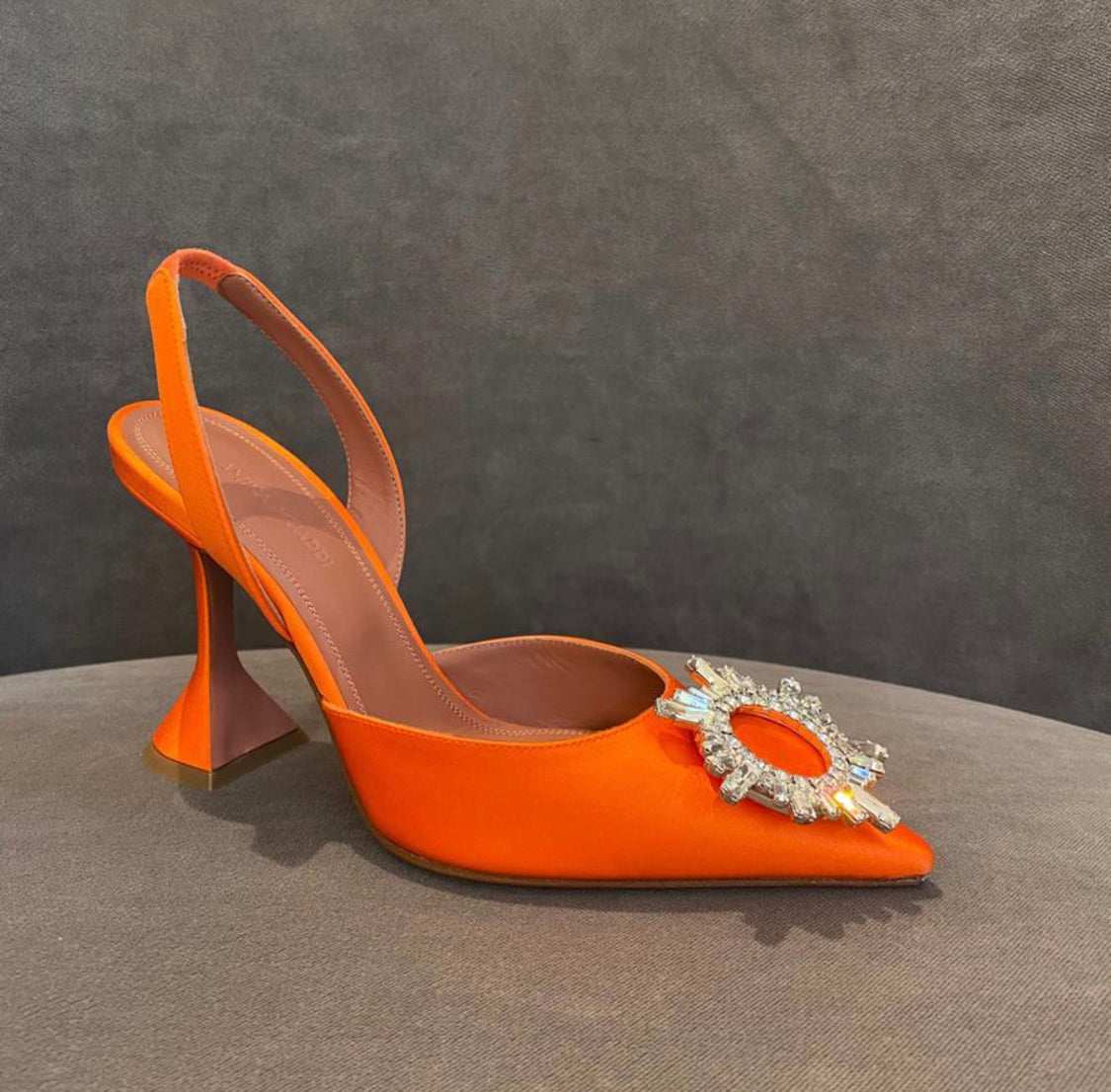 Amina Muaddi Begum Crystal Satin Orange Slingback Pumps