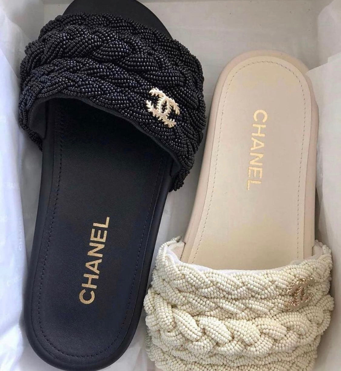 Chanel Pearl & Lambskin Woven Mule Slides (Black)