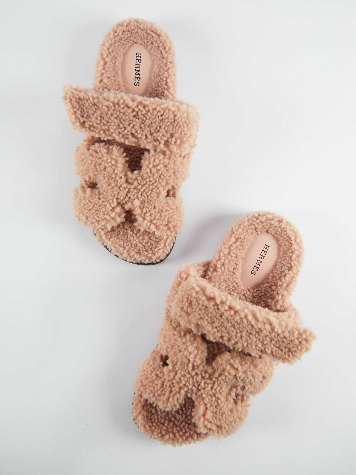 Hermès Chypre Full Shearling Sandals (Rose Aube)