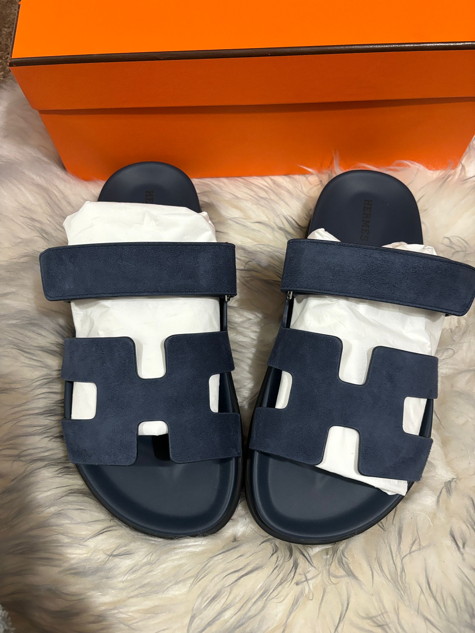 Hermès Chypre Suede Sandals (Bleu Céleste)