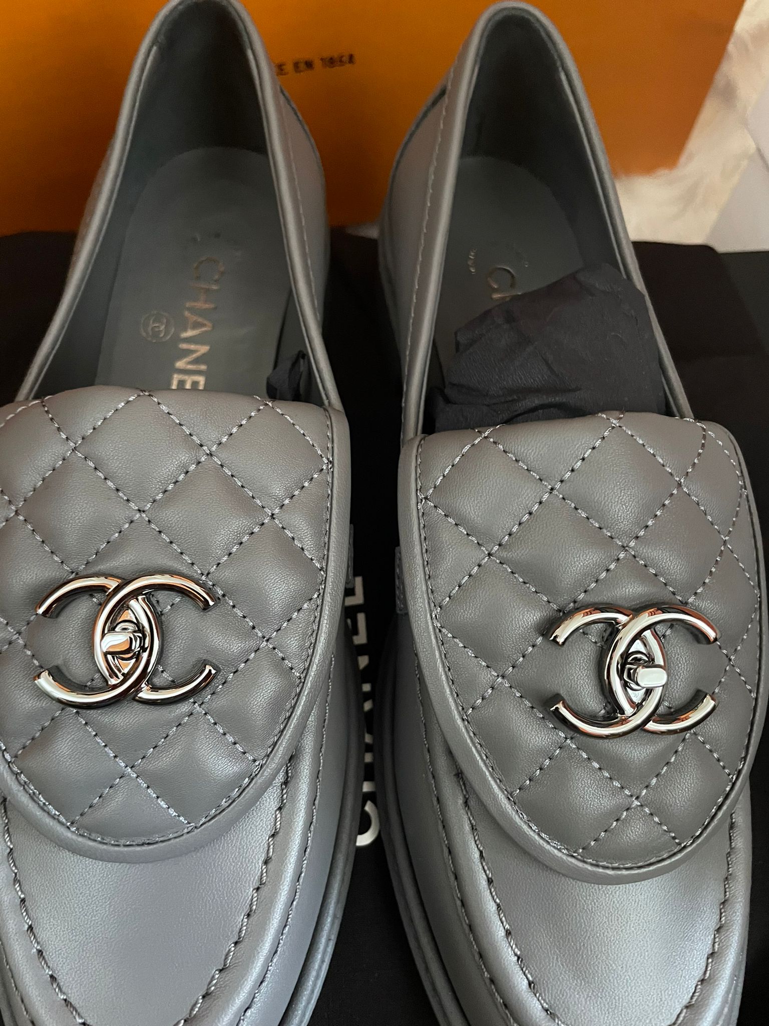 Chanel Quilted Leather Loafers (Dark Grey)