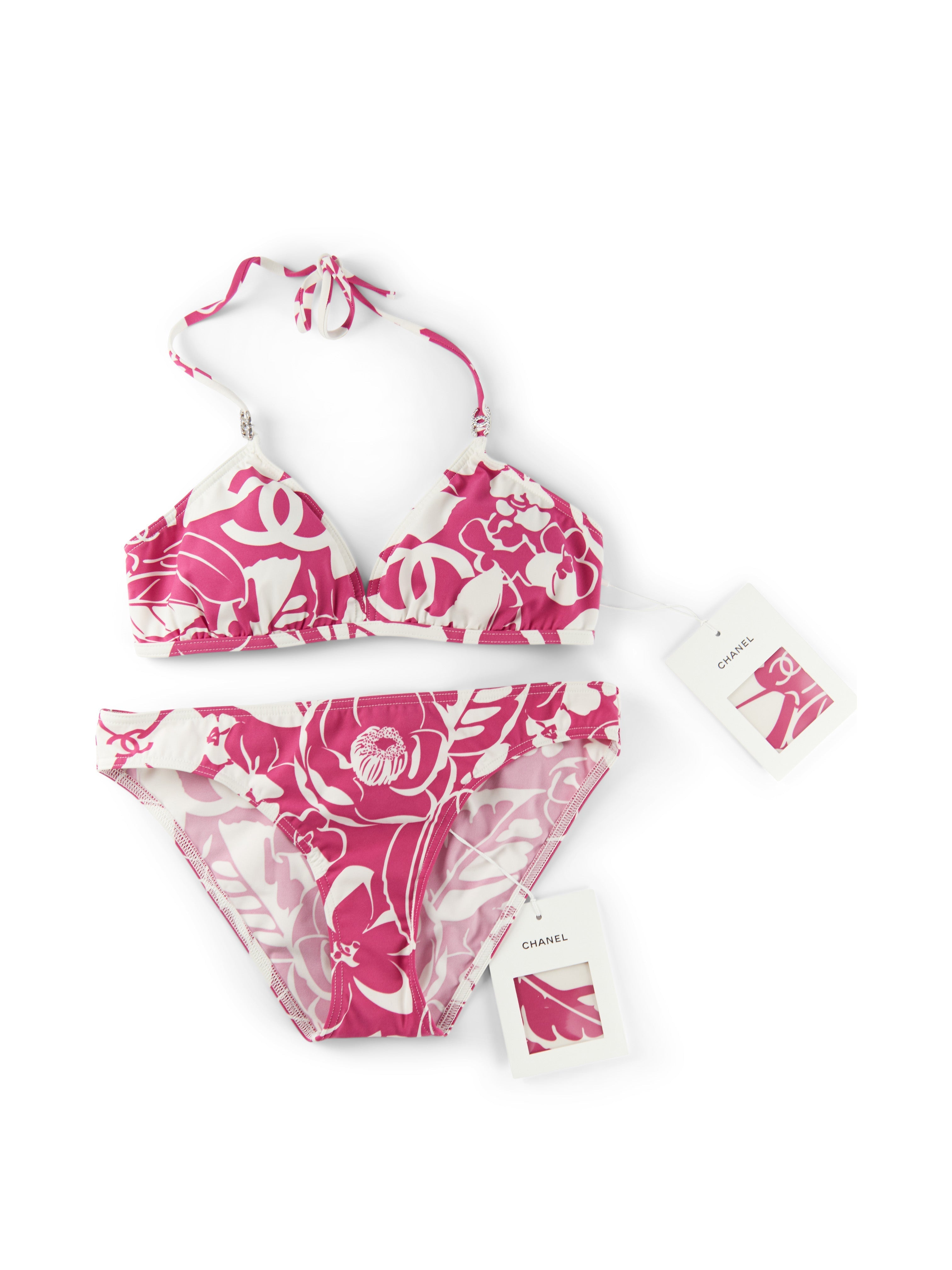 Chanel Coco Beach Triangle Bikini Pink & White