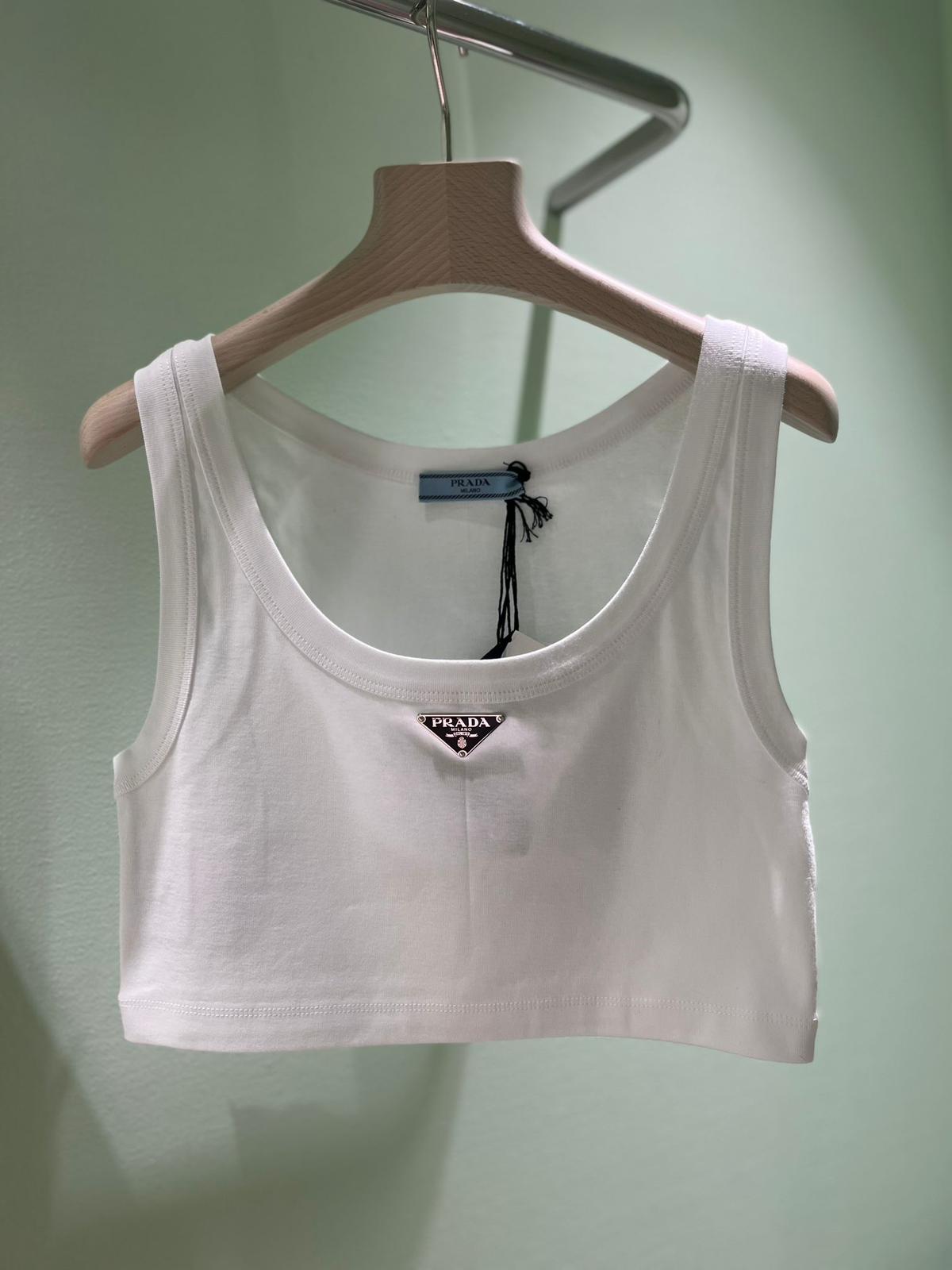 Prada Logo Cotton Crop Top (White)