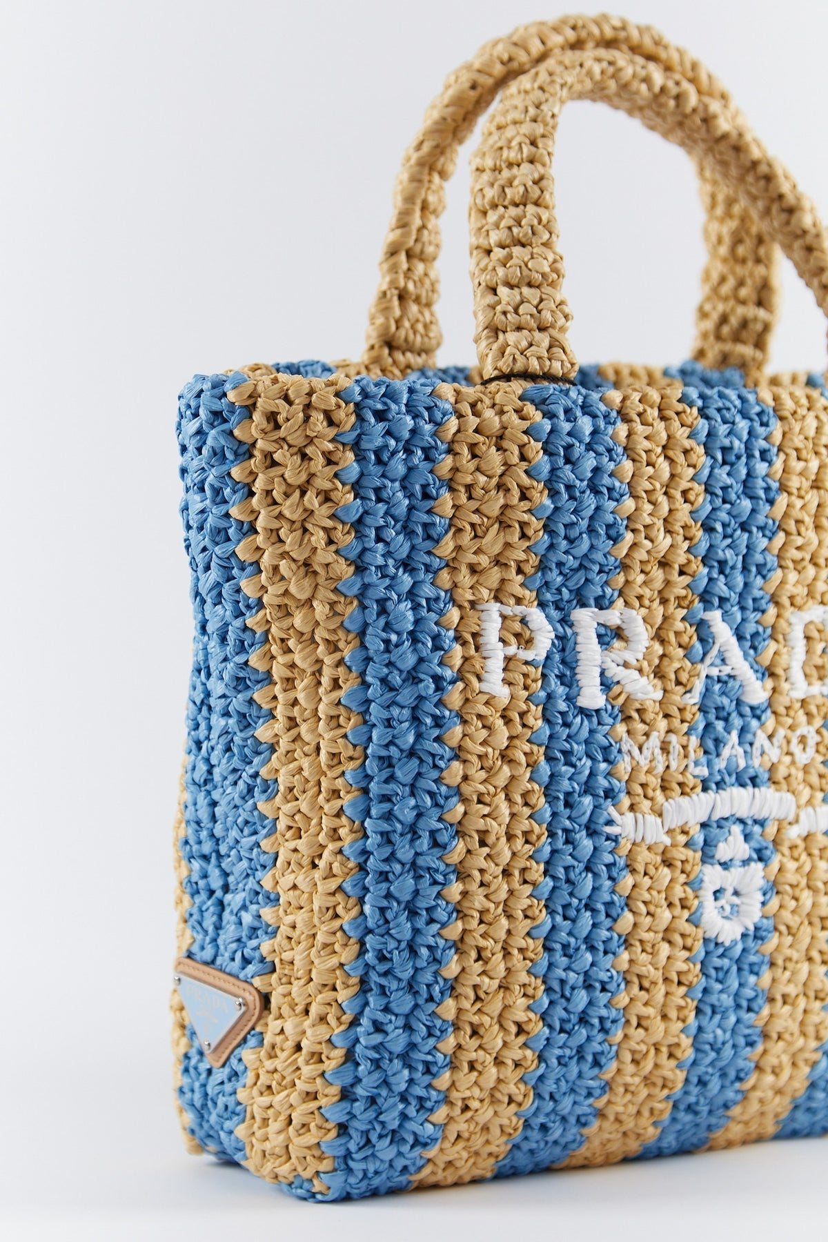 Prada Small Raffia Striped Tote Bag (Tan/Blue)