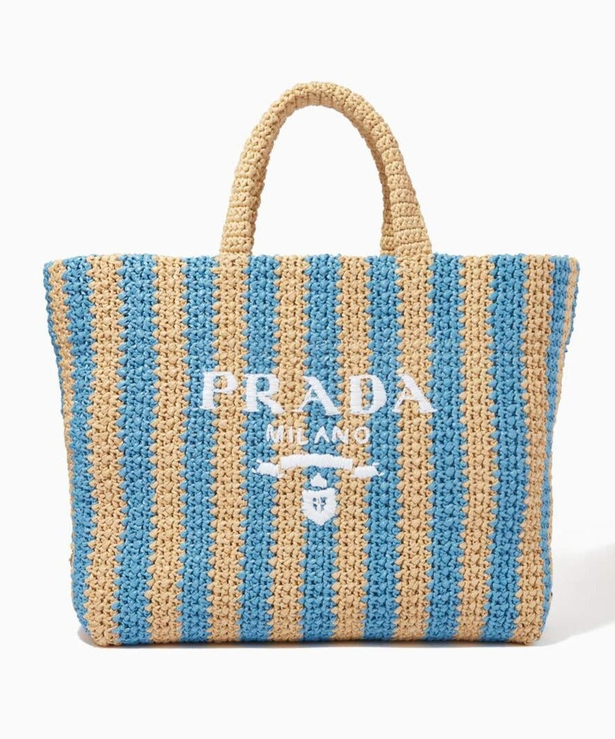 Prada Large Raffia Striped Tote Bag (Tan/Blue)