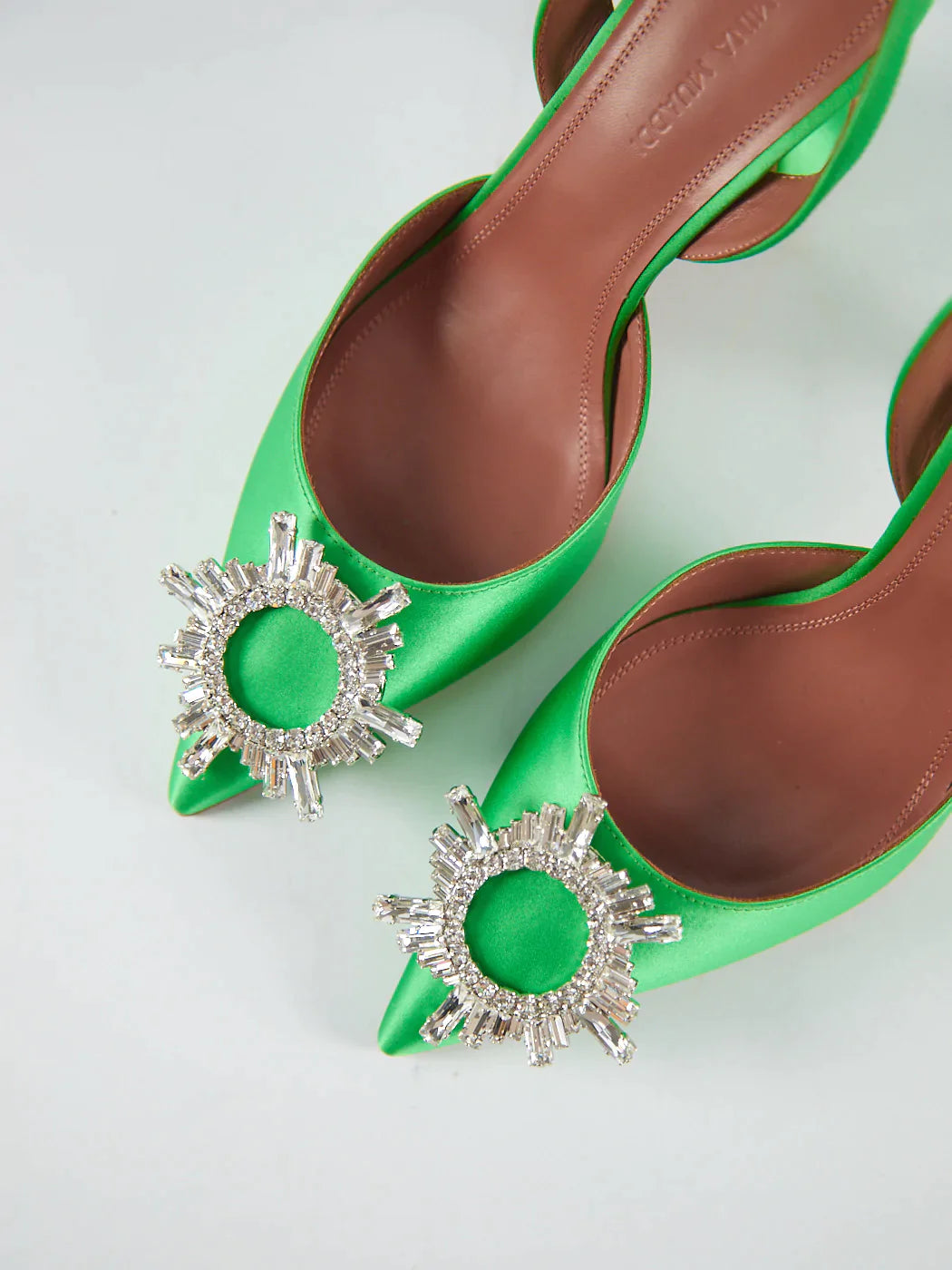 Amina Muaddi Begum Crystal Satin Green Slingback Pumps